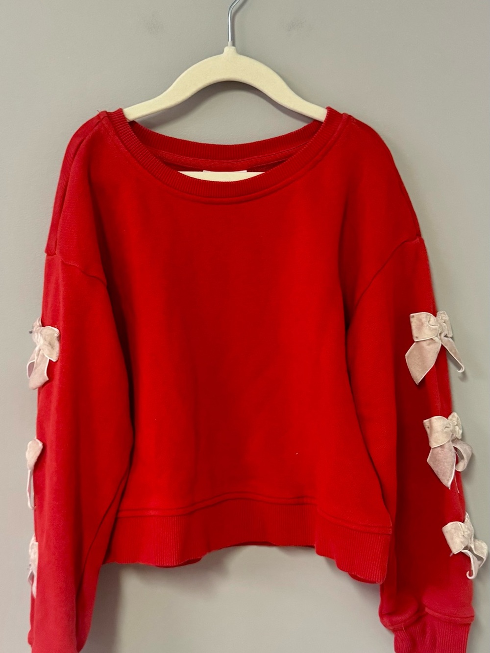 Red Crewneck Sweater with Bow Sleeve Details